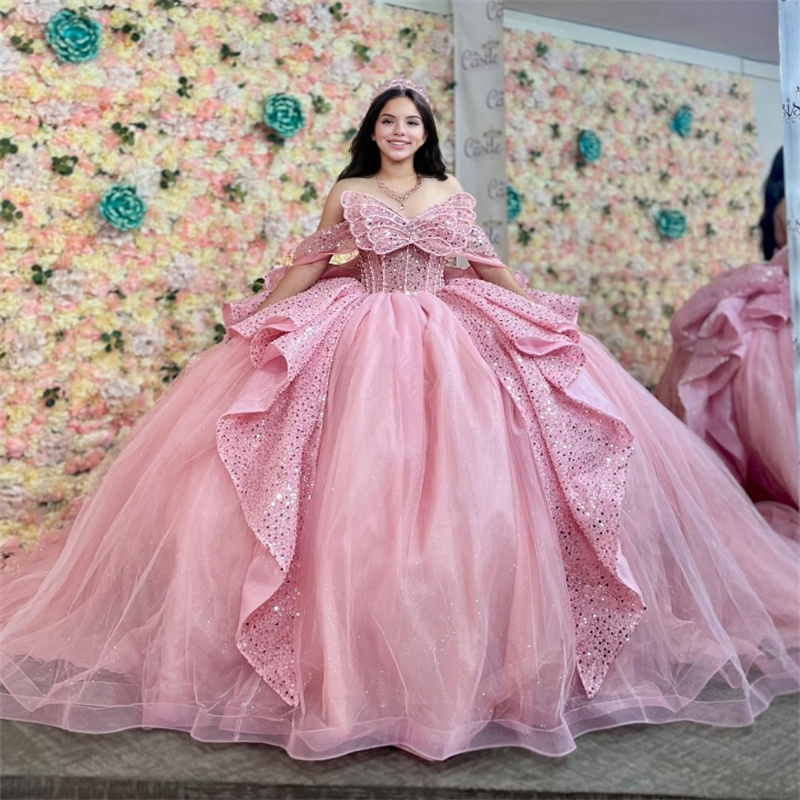 Gorgeous Pink Quinceanera Dresses Charro Sequin Princess Puffy Vestidos De 15 Anos Quinceanera Birthday Pageant Gown Off Shoulders Sparkly Special Occ