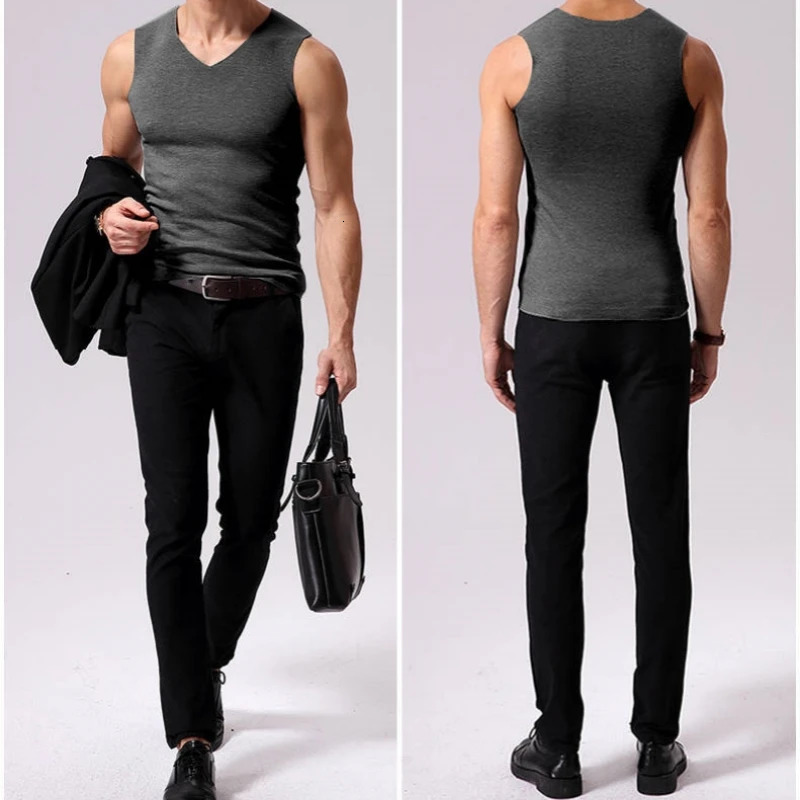 Mens autumn underwear velvet padded vest mens sleeveless top V-neck bottom shirt solid ultra-thin underwear 241122