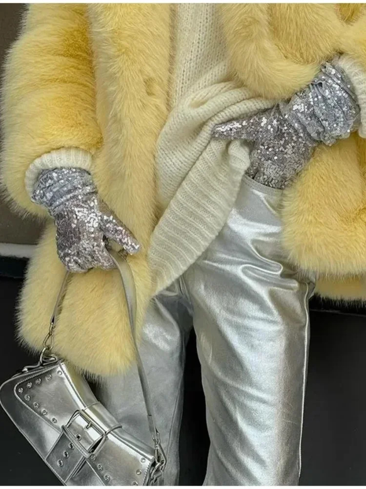 Warm Yellow Fur Coat Women Winter Turndown Collar Long Sleeve Single Breasted Midi Female Coats 2024 Autumn Fashion Outwear 241121Z