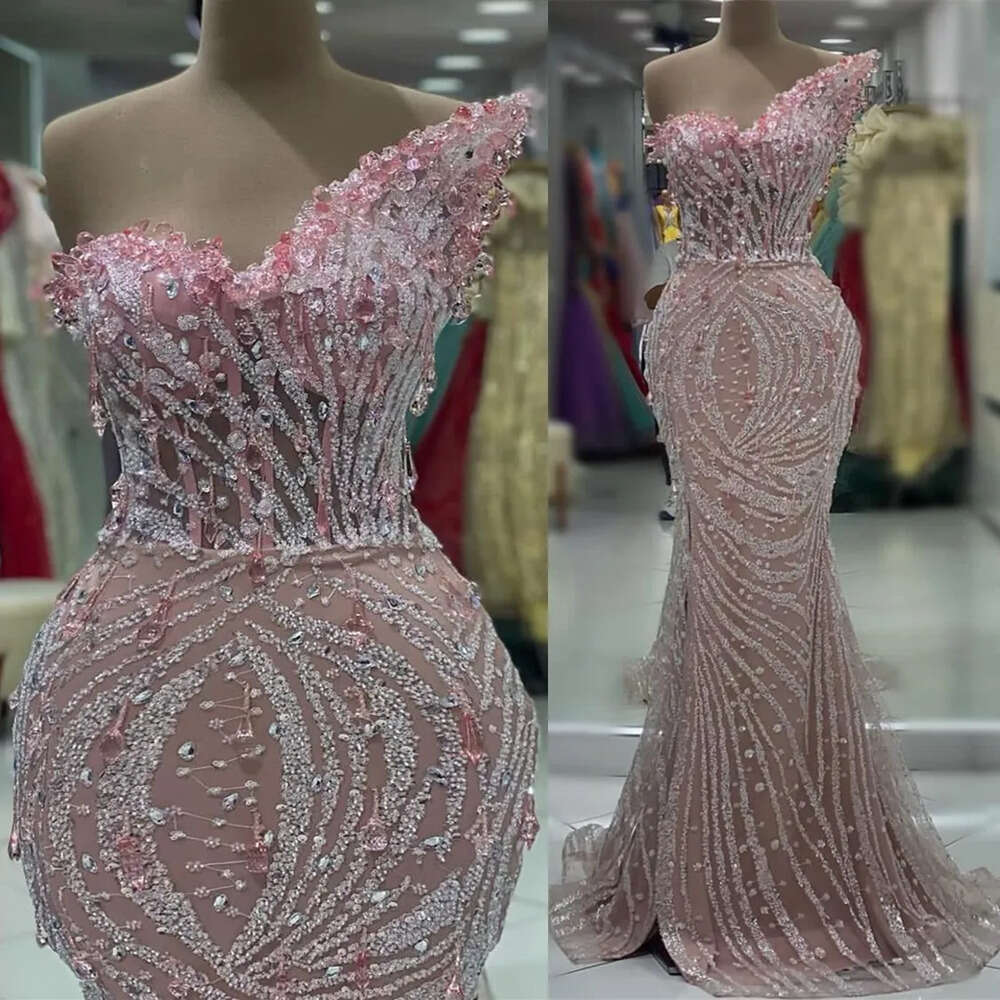 Arabic Mermaid Pink Ebi Aso Prom Dress Crystals Beaded Evening Formal Party Second Reception Birthday Engagement Gowns Dresses Robe De Soiree Zj Es 66