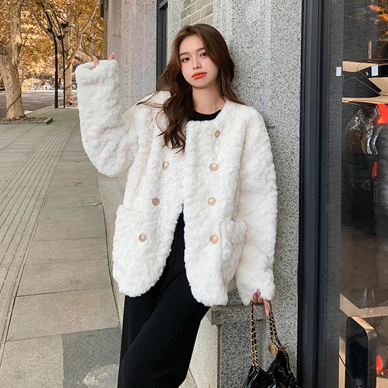 Y2K Faux Wool Women Coat Korean Sweet Warm Long Sleeve Female Autumn All Match Pockets Chic Ladies Casual Jacket 241129