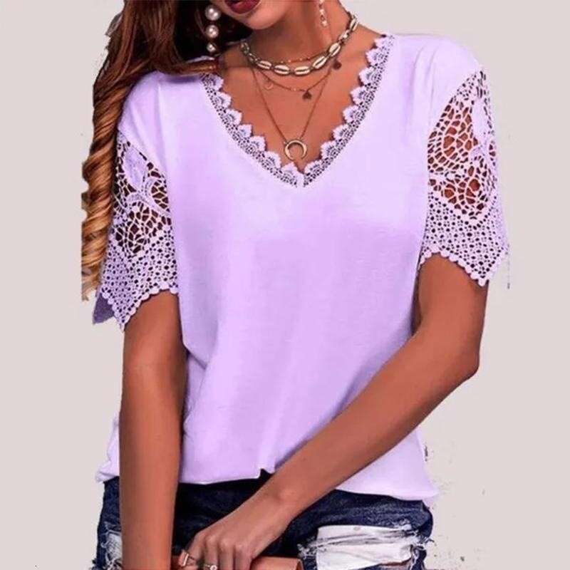 European American Women's Trade T-Shirt With Lace Ing, Loose V-Neck Short Sleeved Fashion, Fashionable And Casual Temperament B1