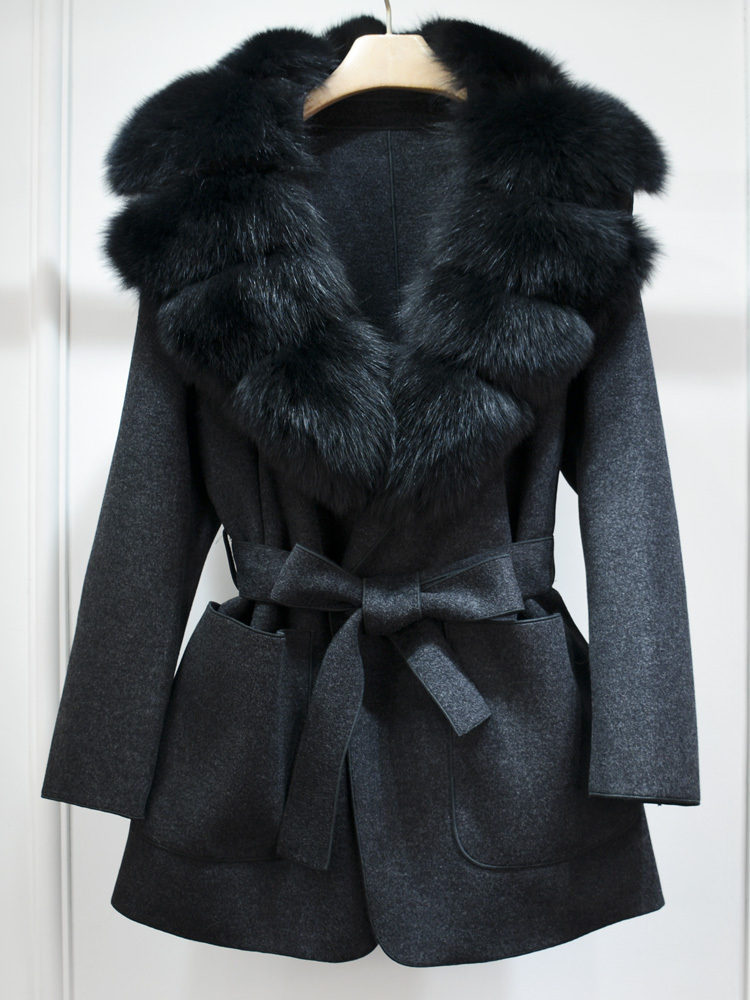 Janveny New Winter Cashmere Wool Blends Women 100% Natural Fox Fur Collar Cuffs Slim Fit Suit Double Sided Woolen Trench Coat