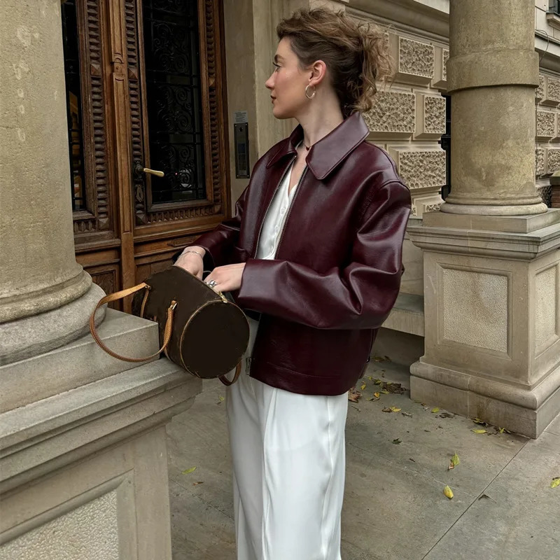 Womens Faux PU Leather Jackets Coat Autumn Winter 2024 Zip Up Streetwear Chic Vintage Burgundy Retro Motocycle Polo Outerwears 241129