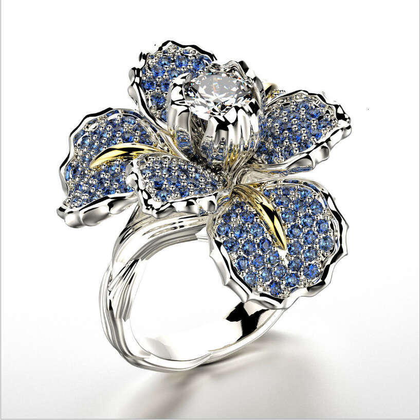 Micro inlaid with diamond iris dual color ring, blue topaz flower engagement cocktail ring for women