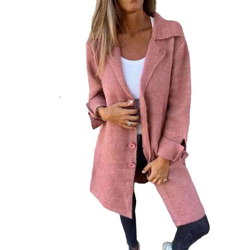 Autumn And Winter New Women's Solid Color Flip Tie Pocket Cardigan Single Breasted Mid Length Jacket Trendy Clothing Fashionable Casual Temperame