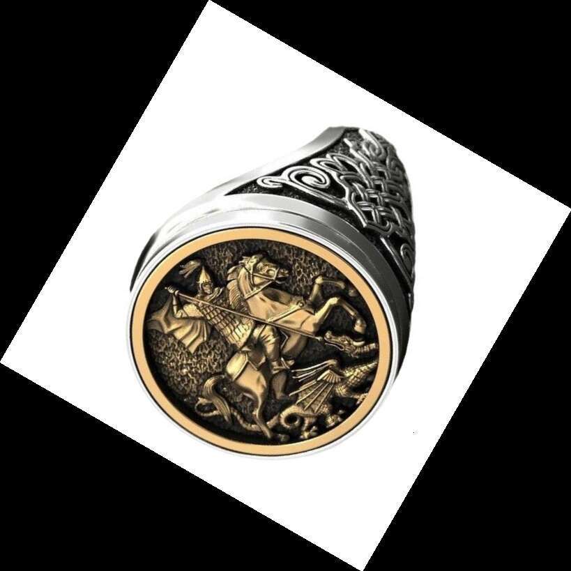 Hecheng's unique sovereign men's ring, featuring a portrait of Saint George painted with two tone Roman soldier dragon ring plating