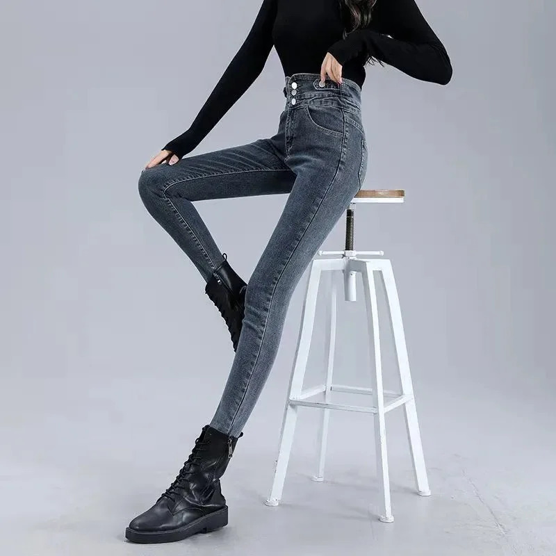 Womens winter thick velvet lined tight denim pants streetwear casual pencil jeans high waisted warm buttons flight elastic Vaqueros 241122