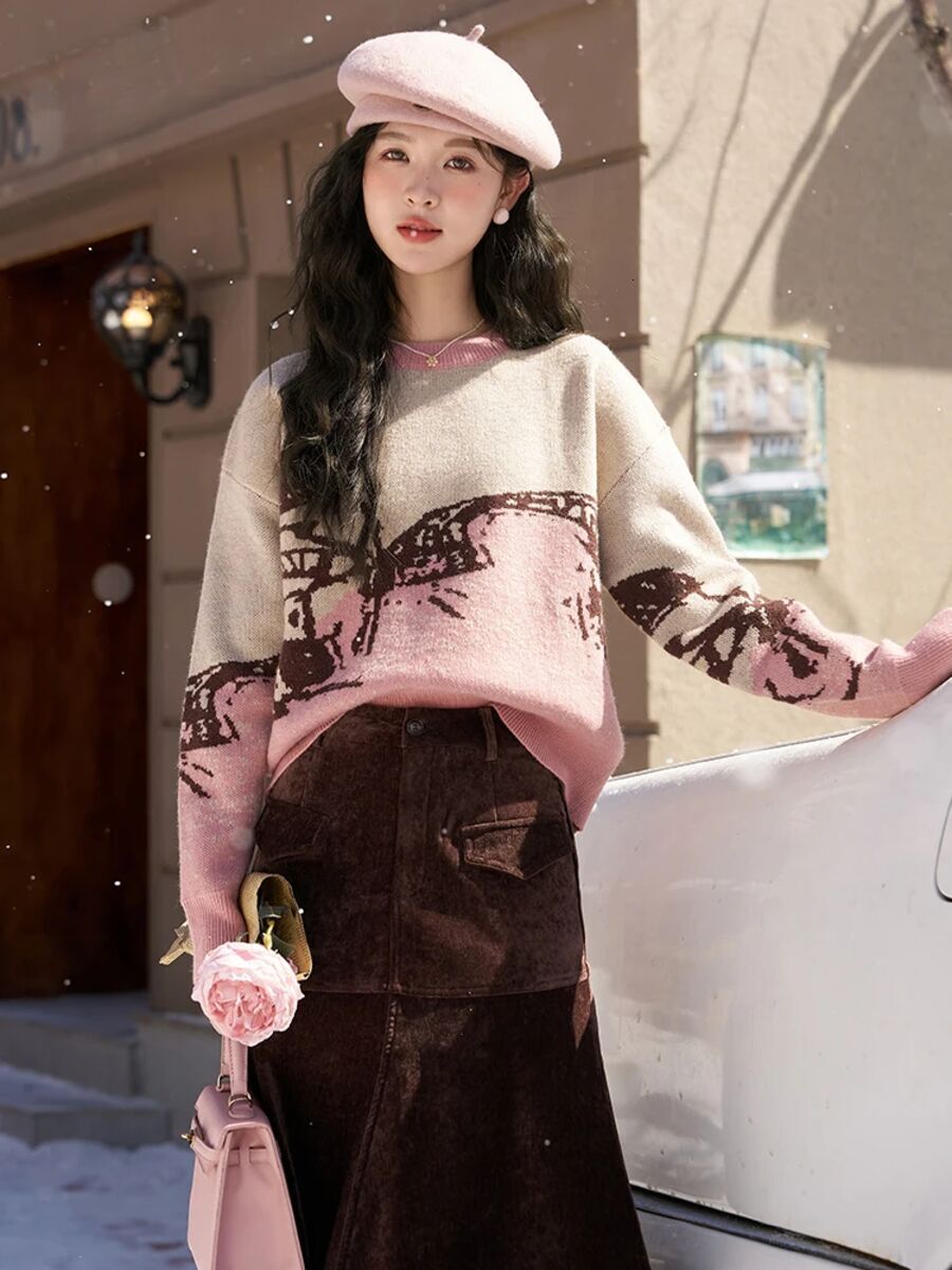 Graphic Sweater Women Autumn Winter Korean Thick Loose Pullovers Knitwear Vintage Knitted Jumpers Female Mxc56z0272