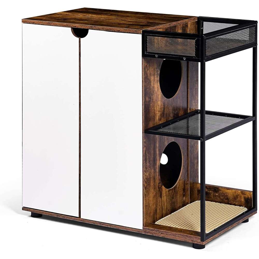 DOSSMBOLA Encloure For 2 Cat - Box Furniture, Encloed Litter Boxe, Cat Furniture Cabinet -White Brown