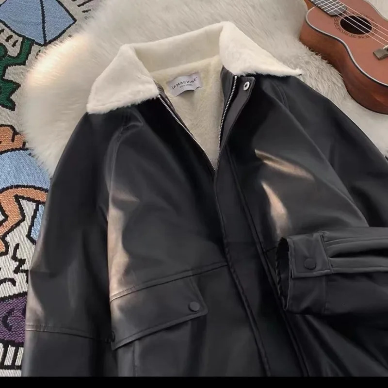 Y2K Fashion Lapel Leather Coat Cottonpadded Jacket Women High Street Vibe Vintage Casual Pilot 241129