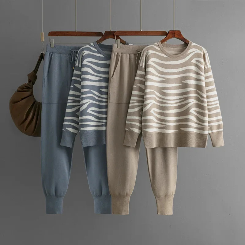 Women Oneck Leopard Long Sleeve Knitwears Pullover Sweater Tops Suit Korean Knit 2 Piece Sets High Waist Harem Pants Outfits 241129