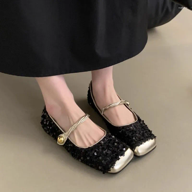 Casual Shoes Women's Costume Tweed Mary Janes Square Toe Designer Bg Ballet Flats For Woman Gold atos Mujer 1791N