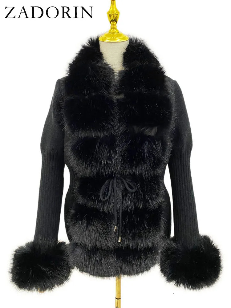 Zadorin Fur Cardigan Knitted Winter Sweater Womens Elegant Detachable Leather Belt White Pink Black Womens Cardigan 241127