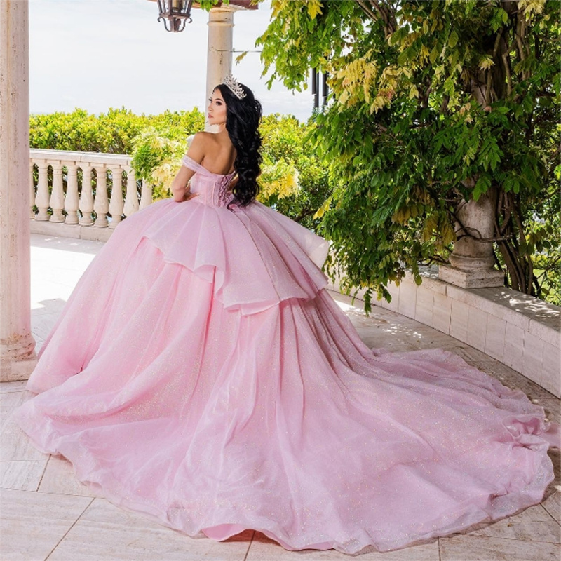 Beautiful Pink Quinceanera Dresses Off Shoulders Beaded Vestidos 15 Xv Anos Big Size Fifteen Birthday Party Gowns Luxury Sweet 16 Dress Ballkleider