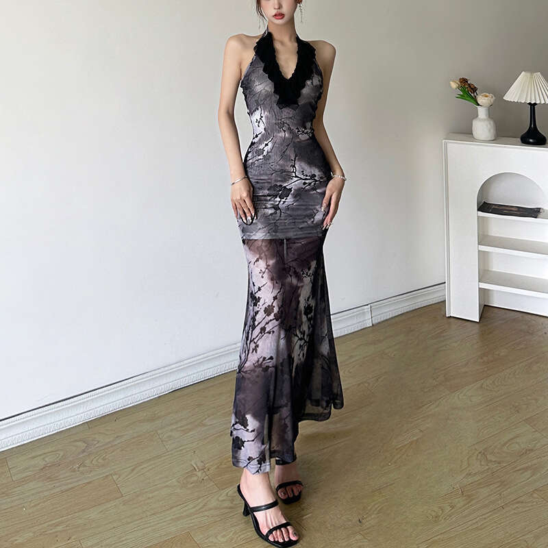 Wind 2024 summer women's clothing new Chinese ink style sleeveless slim fit bag buttocks mesh dress