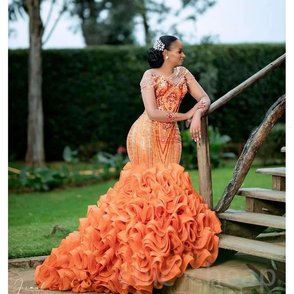 Ebi August Orange Mermaid Aso Prom Dress Beaded Crystals Evening Formal Party Second Reception Birthday Engagement Gowns Dresses Robe De Soiree Zj Es
