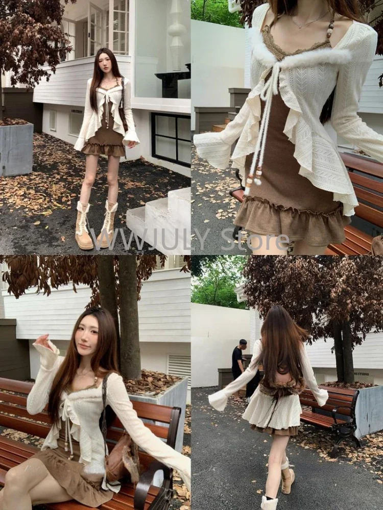 American Style Vintage 2 Piece Set Spicy Girl Sexy Sleeveless Mini Dress Knitted Ruffle Y2k Cardigan Korean Fashion Suit Woman 241129