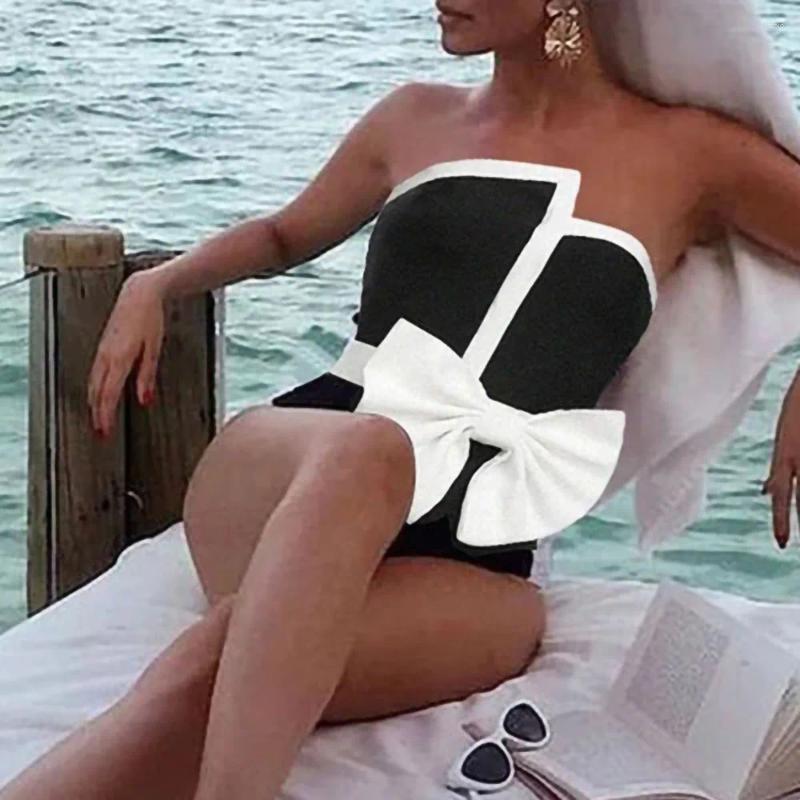 Womens Swimwear 2024 Black White Spliced Swimsuit Elegant Tube Top Bow Belt Bikini Irregular Hip Beach Skirt Vintage Pool