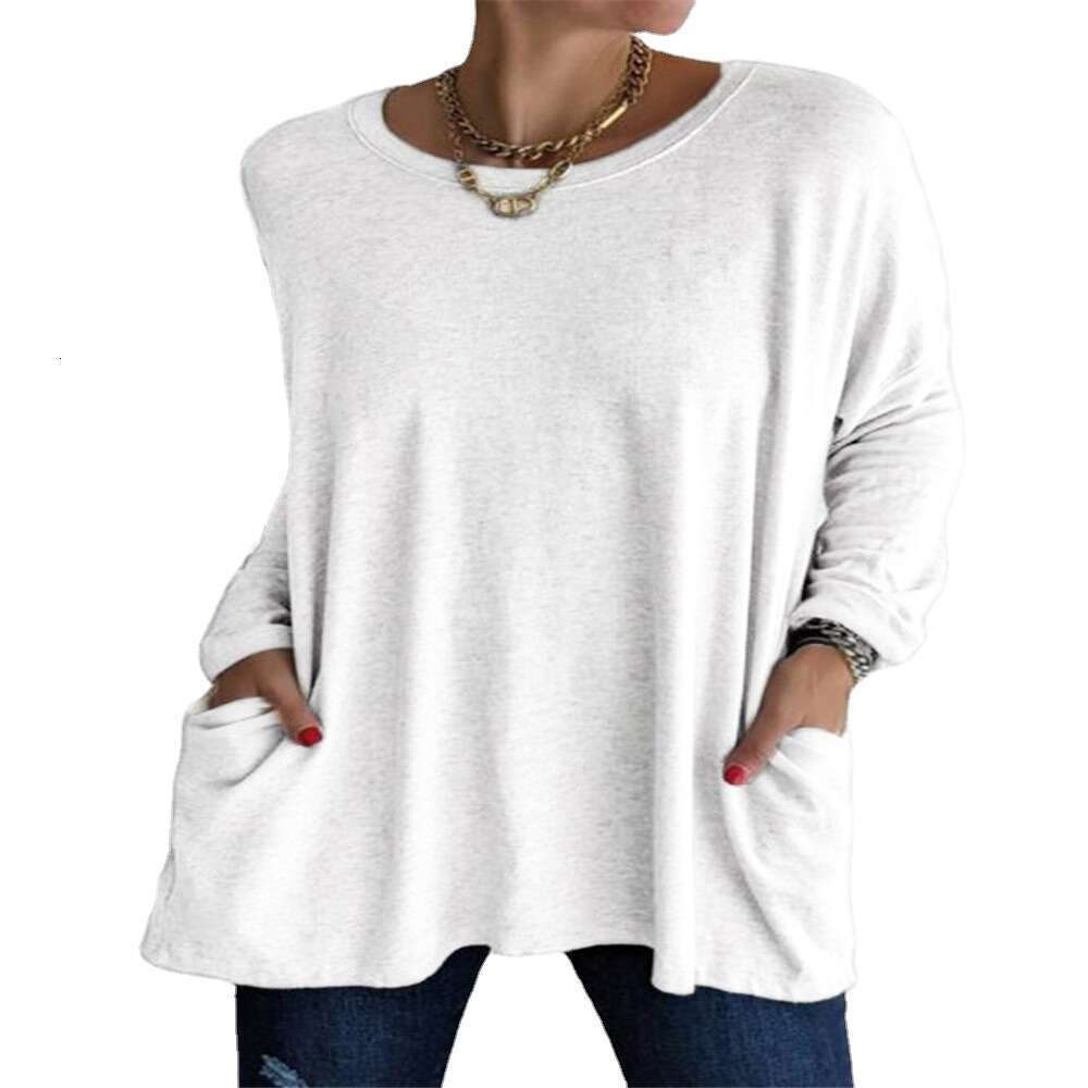 Spring Summer New European And American Round Neck Long Sleeved Loose Pocket Solid Color T-Shirt Casual Women's Fashion Trend Clothing Fashionabl