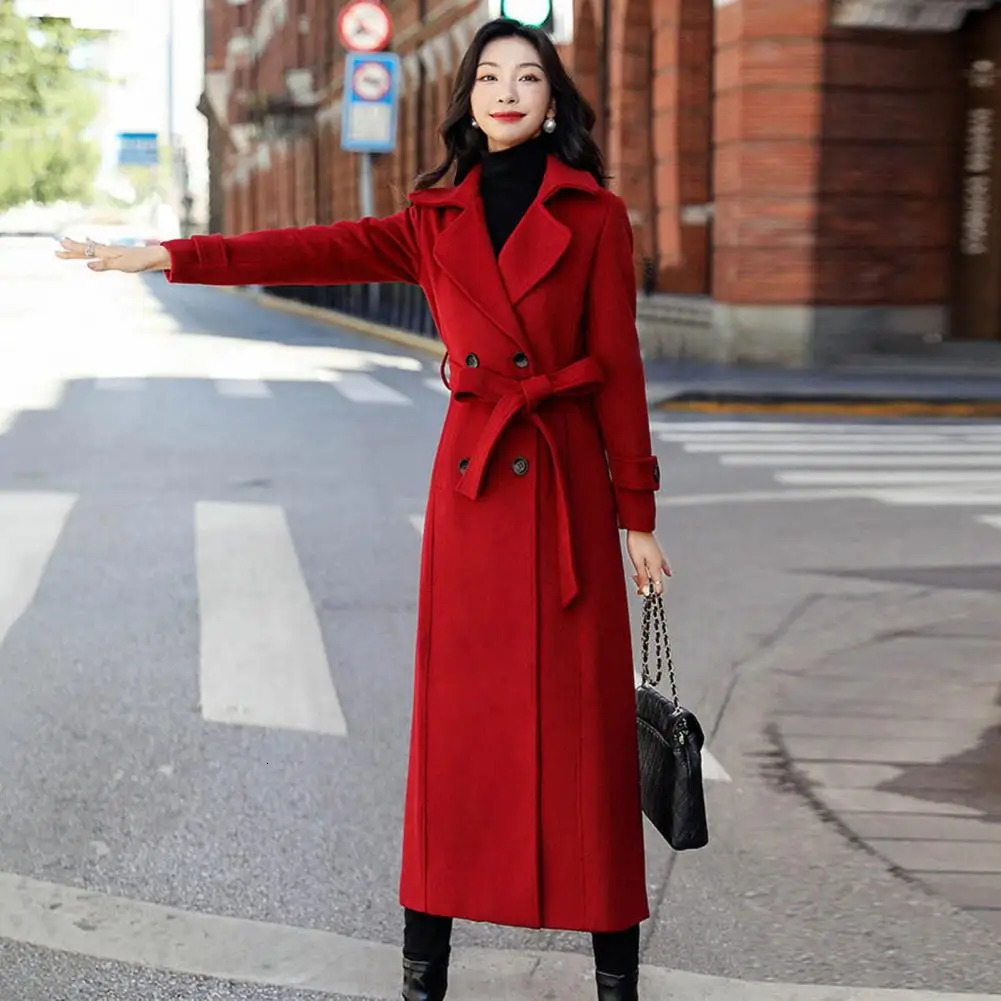 Winter Overcoat Elegant Doublebreasted Waist Belt Long Woolen Jacket Fashion Thermal Thick Women Trench Coat Wool 241129