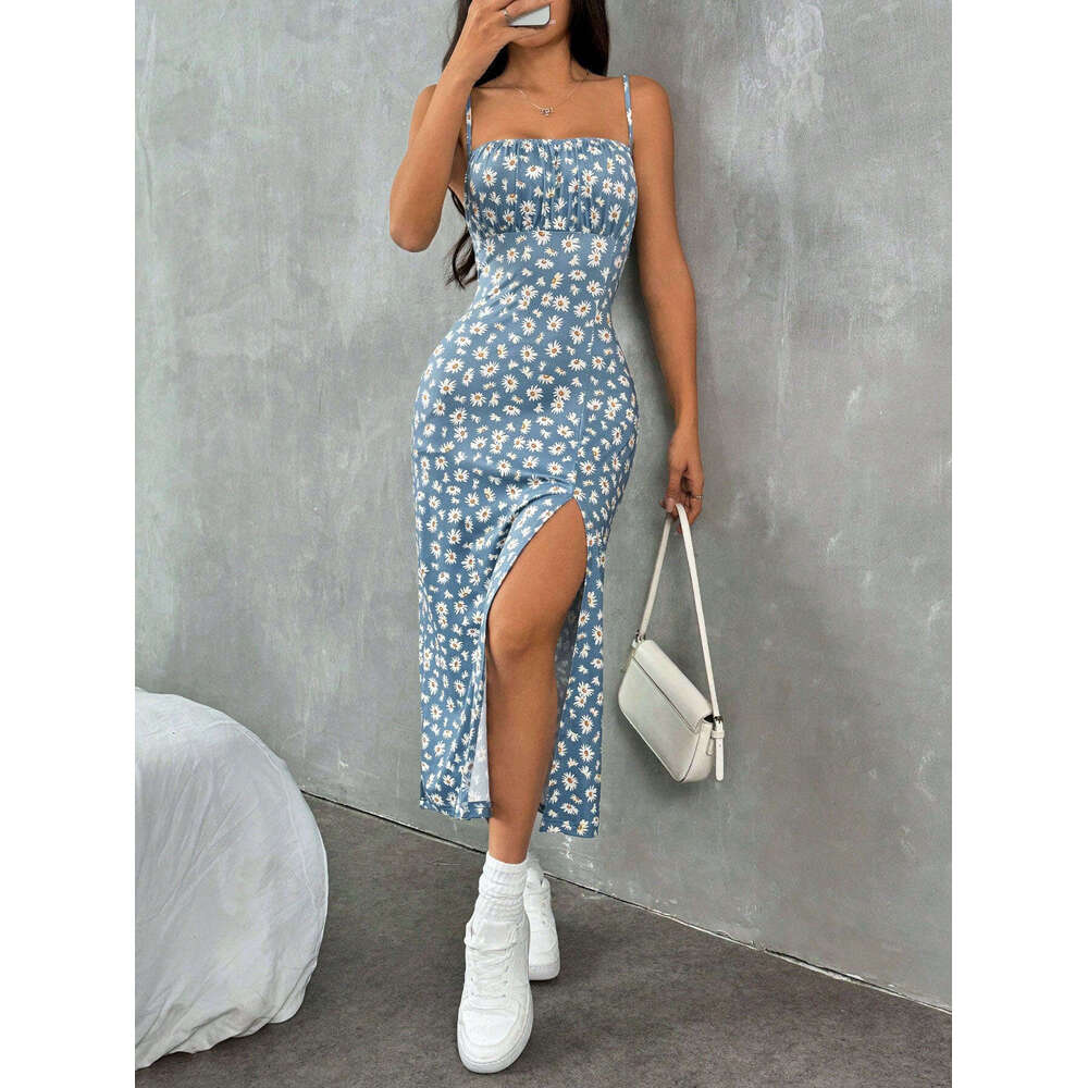 2024 autumn suspender chest high slit daisy leopard print long dress with wrapped buttocks