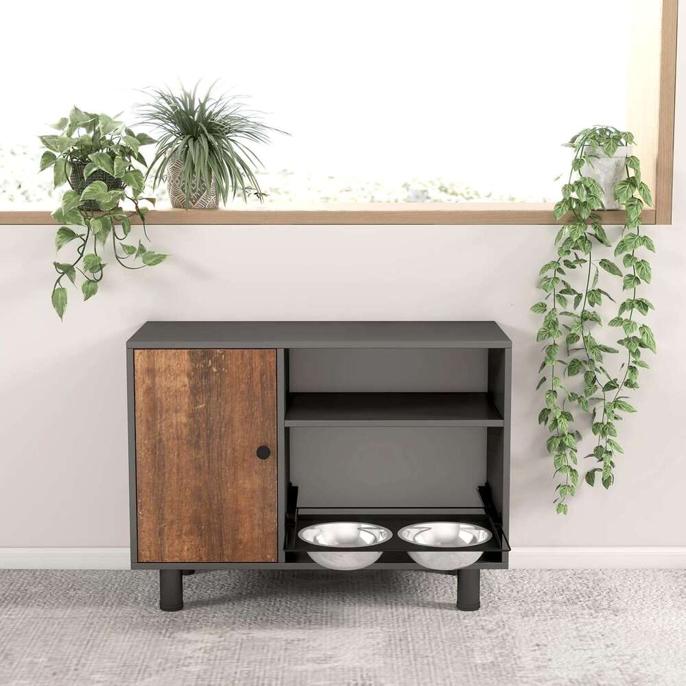 Pet Feeder Station With Double Stainle Steel Bowl Large Cabinet Durable, Rut-Proof, Odorle For Storage - Perfect Dog And Cat Food Storage(Black+Vintag