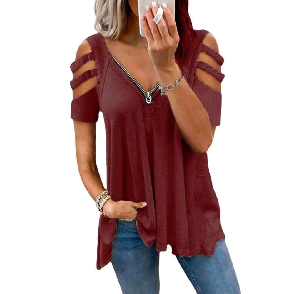 Xia Oumei's New Off Shoulder Short Sleeved V-Neck Zipper Solid Color T-Shirt Top, Women's Trendy Clothing, Fashionable And Casual Temperamen