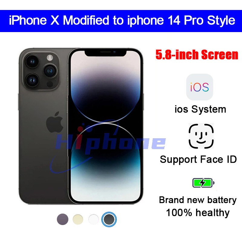 Genuine Apple Iphone X converted to Iphone 14 Pro cellphone with 14 Pro camera appearance 3G RAM 64GB/128GB/256GB ROM mobile phone with battery 100% l