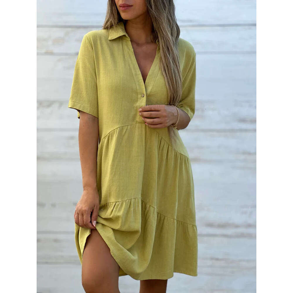European American Women's Dresses, Loose Solid Color Collars, Casual Short Sleeves, Cotton And En Jumpsuits, Trendy Clothing, Fashionable Tempera
