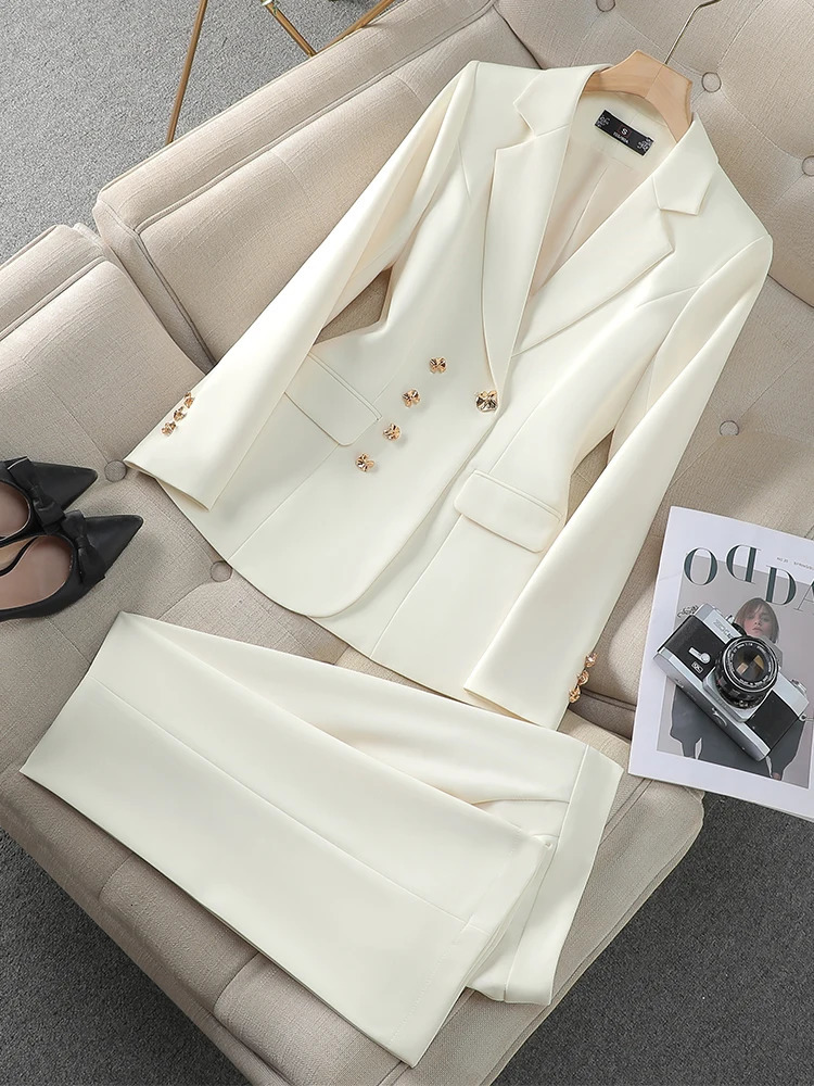 Autumn Winter Pink Black Beige Women Pant Suit 2 Piece Set Ladies Female Business Work Wear Formal Blazer Jacket And Trouser 241126