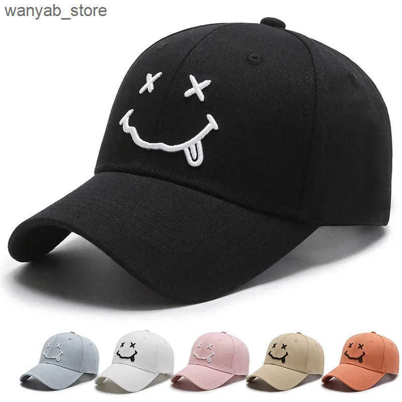 Ball Caps Womens Smiling Face Embroidered Baseball Hat Kpop Black Cotton Adjustable Snap Funny Hip Hop Hat Autumn Sun Dad Hat L240910