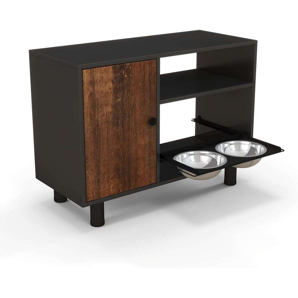 Pet Feeder Station With Double Stainle Steel Bowl Large Cabinet Durable, Rut-Proof, Odorle For Storage - Perfect Dog And Cat Food Storage(Black+Vintag