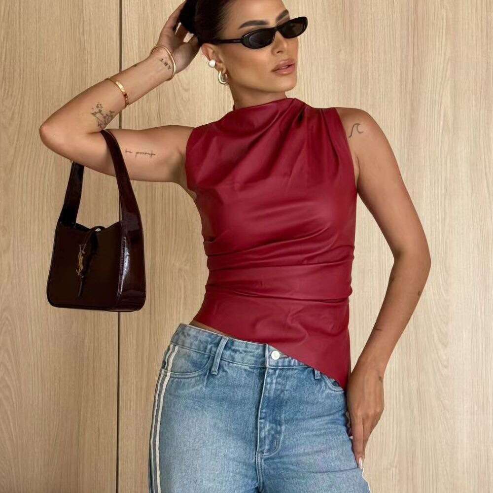 Feng 2024 New Leather Pile Neck Personalized Waist Slanting Sleeveless Women's Tank Top