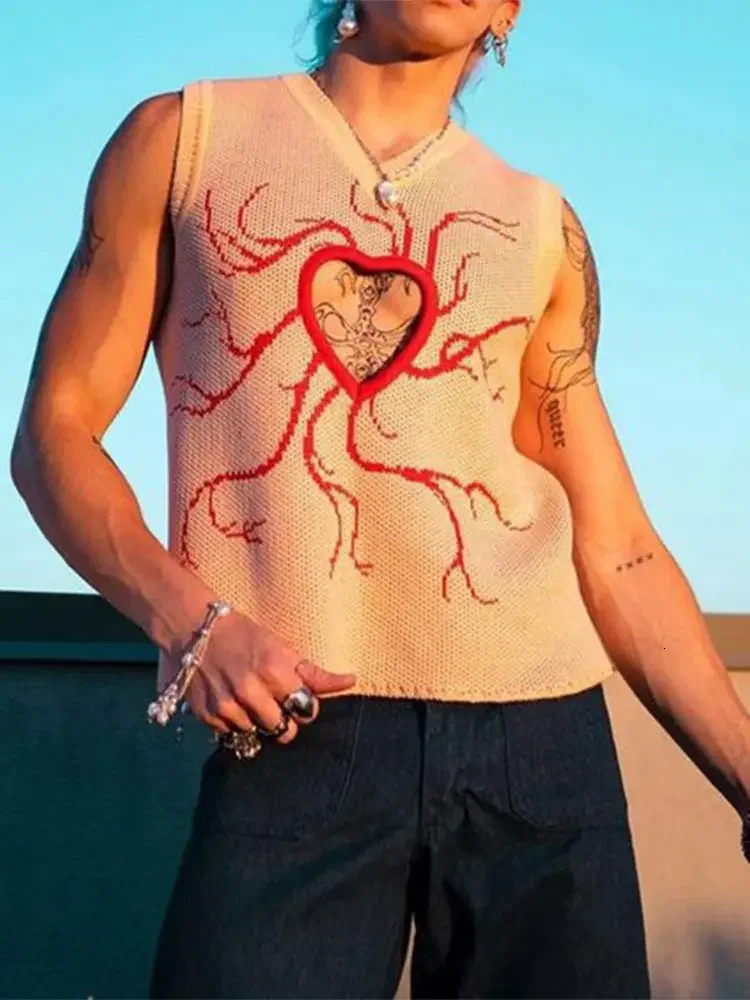 Autumn Love Hollow Out Jacquard Mens Sweater Vest Loose V Neck Sleeveless Knitted Sweaters Street Harajuku Pullover Waistcoat 241129