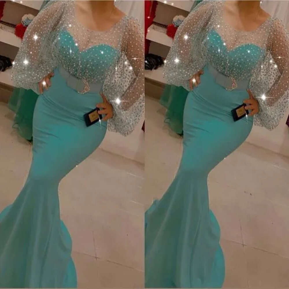 Plus Arabic Aso Size Ebi Mermaid Sexy Sparkly Prom Dresses Long Sleeves Sheer Neck Evening Formal Party Second Reception Bridesmaid Gowns Dress Zj 666