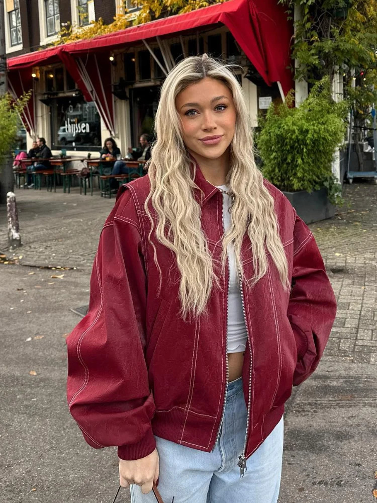 Women Autumn Solid Faux Leather Jackets Fashion Lapel Long Sleeve Zipper Pockets Coat 2024 Lady High Street Pu Outerwear 241129