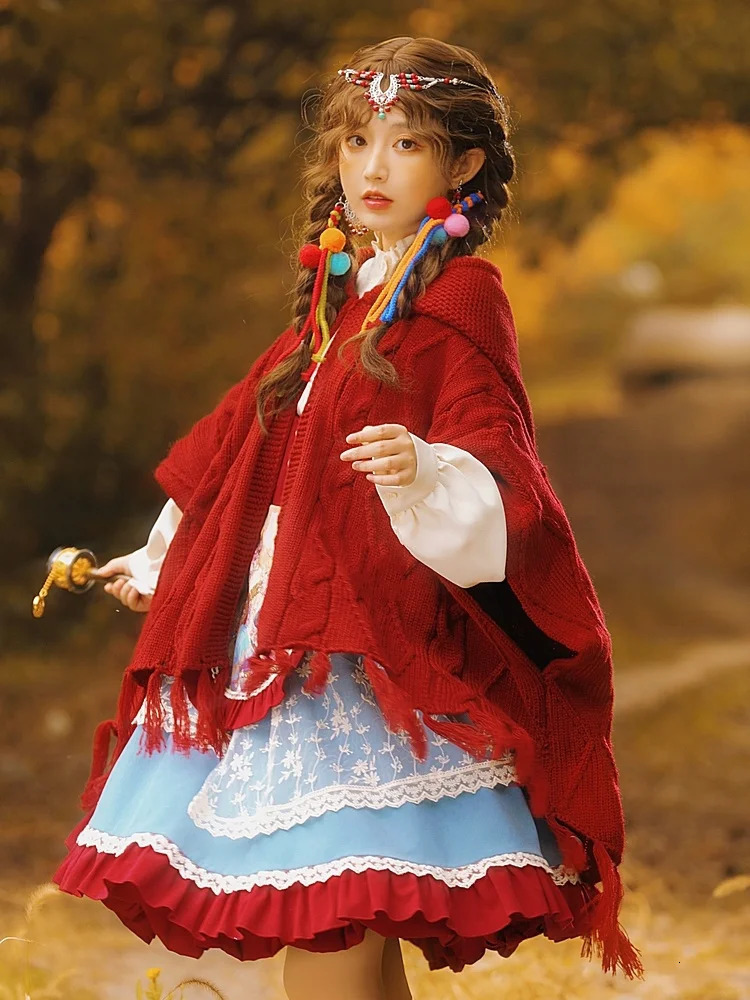 Hikigawa Autumn/Winter Retro Red Knitted Shawl Coat Womens Hooded Tassel Open cardigan Top Unprinted Good Product 241128