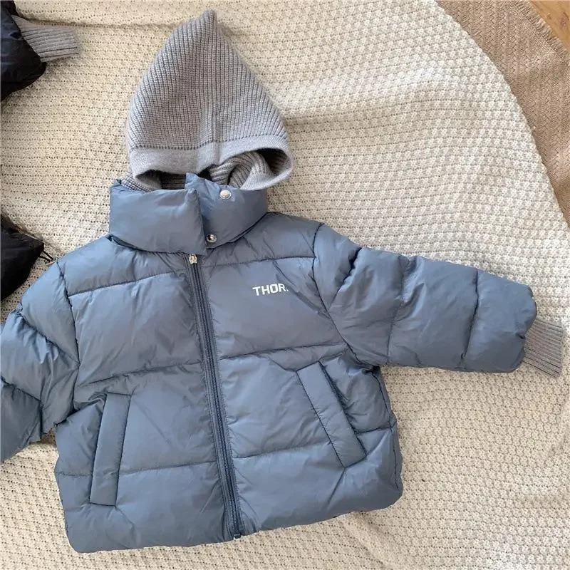 2023 Winter Baby Toddler Boy Korean Style Knitted Patchwork Hooded Jacket Coat Thicken Outdoor Wear 27YEARS 241126