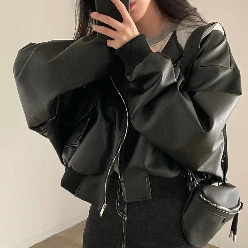 Fashion Hooded Loose Leather Jacket Faux Coats Spring Autumn Korean PU Jackets 241129