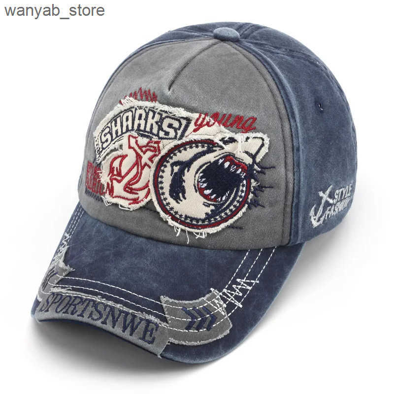 Ball Caps Retro shark embroidery baseball cap bone solid animal cartoon mens cotton elastic hip-hop street clothing sun hat L240910