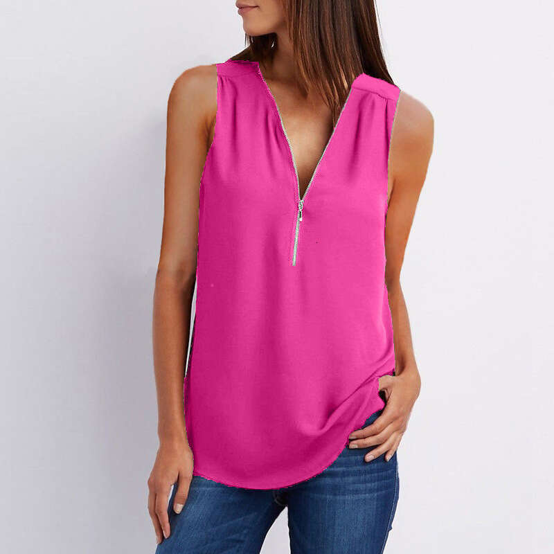 European And American V-Neck Zipper Sleeveless Loose Chiffon Vest 1 7 Color Trendy Clothing Fashion Casual Temperament B4