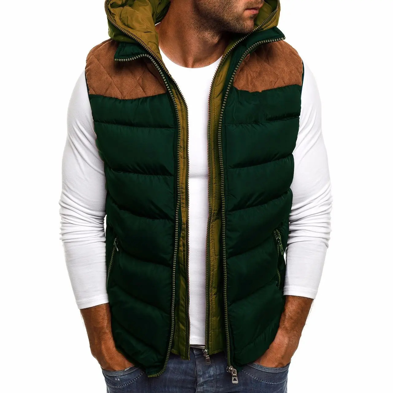 Mens windproof hooded vest jacket Sleeveless double zip Winter Jacket Casual down cotton warm ve 241129