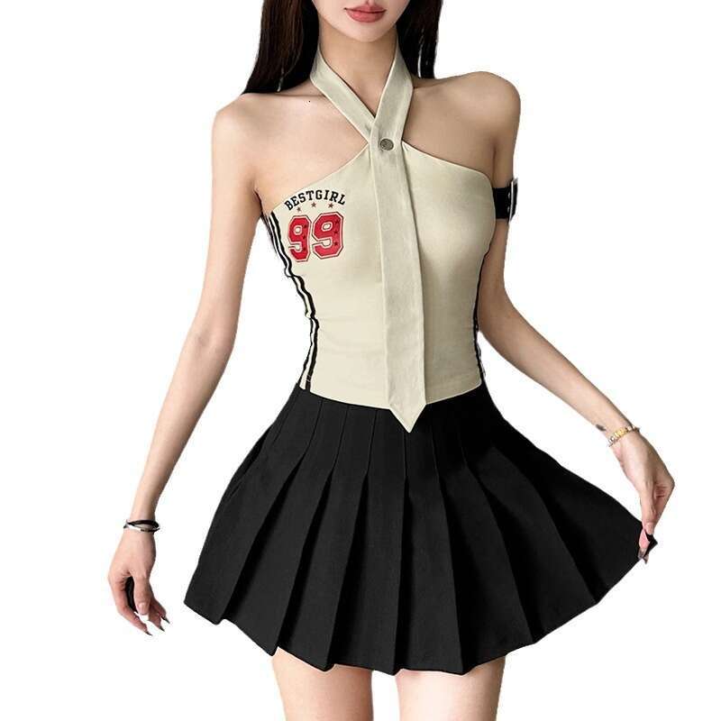 Wind 2024 summer new women's tie design hanging neck letter print backless slim fit vest