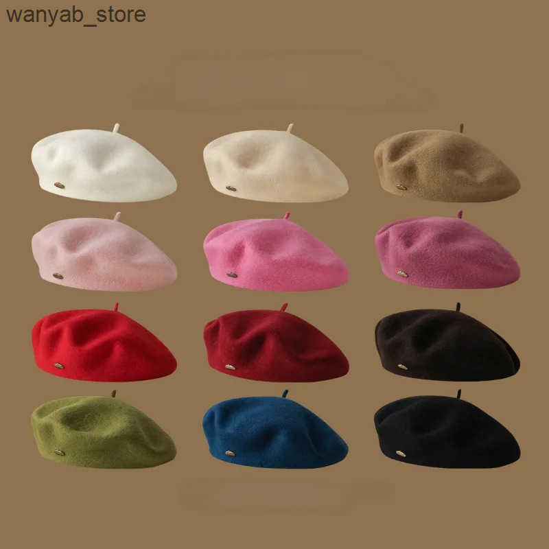 Berets Womens Winter High Quality Wool Beret Metal Copper Buckle Solid Color Paint Hat Satin Embroidered Retro Beanie Hat L240910 L0910