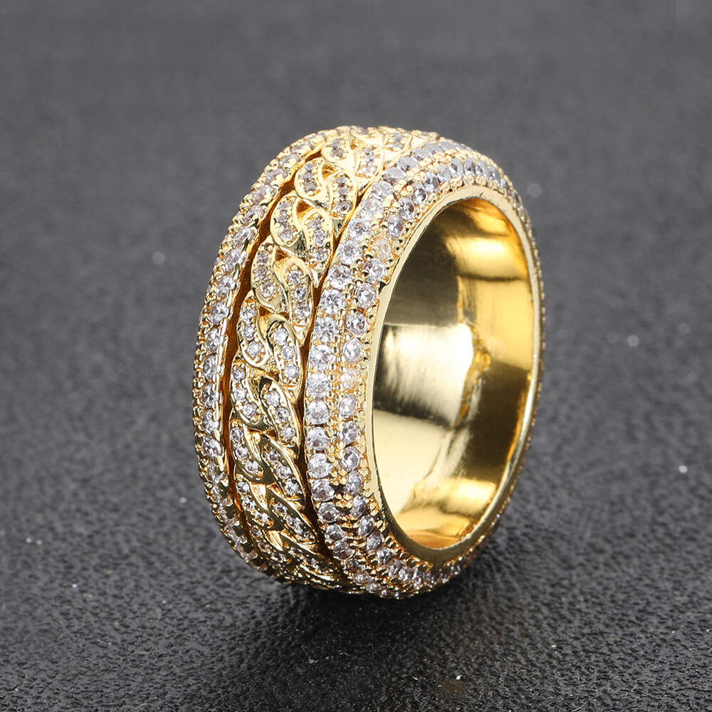 Hip Hop Men Women Gold Thick Cuban Link Zircon Diamond Sterling Silver Ring