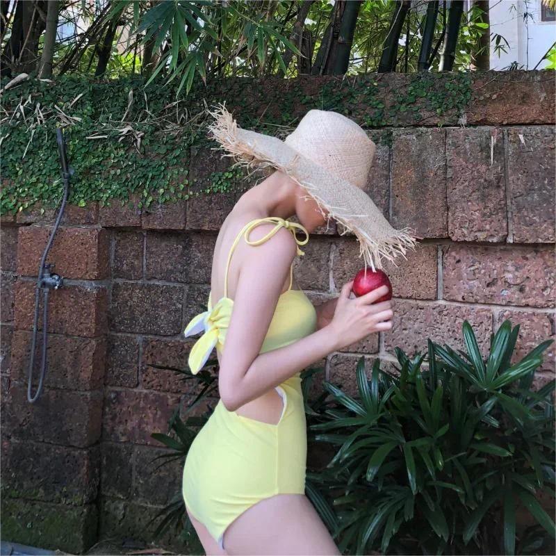Womens Swimwear One Piece Swimsuit Women 2024 Bodysuit Solid Yellow Push Up Monokini Sexy Hollow Out Beach Wear Bathing Suit Female