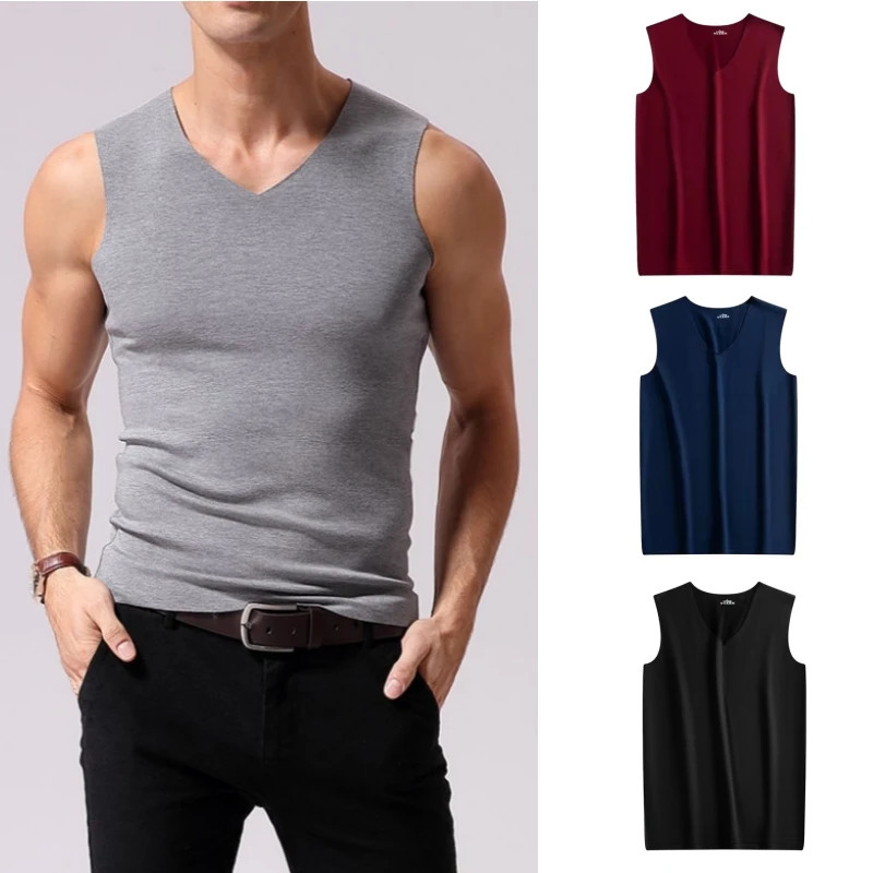 Mens autumn underwear velvet padded vest mens sleeveless top V-neck bottom shirt solid ultra-thin underwear 241122