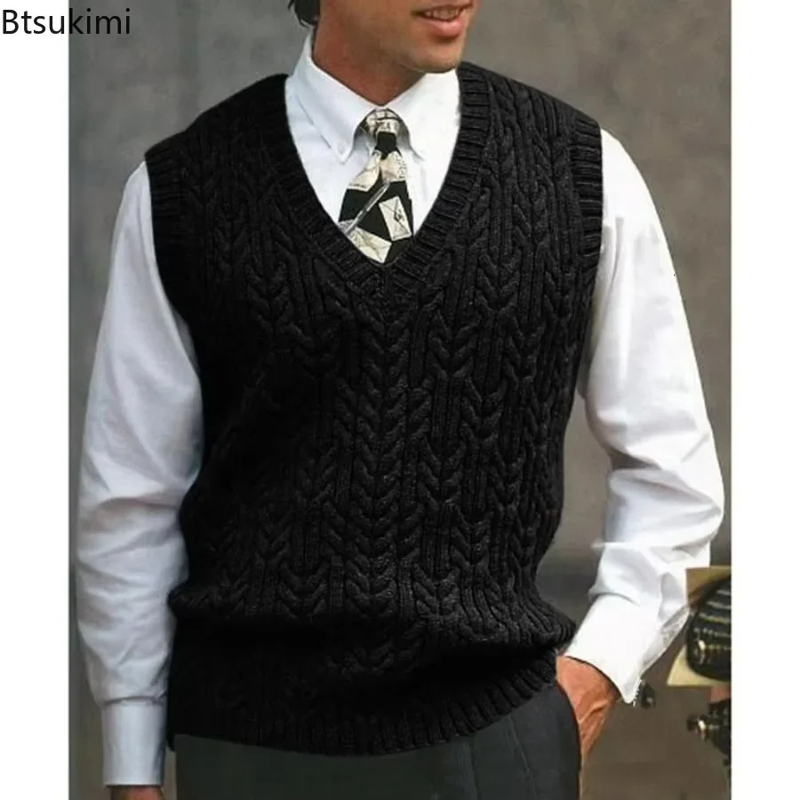 2025 Mens Autumn Winter Warm Casual Knitted Sweater Vest Sleeveless V Neck Fleece Western Sweaters for Men Sueter Para Hombre 241129