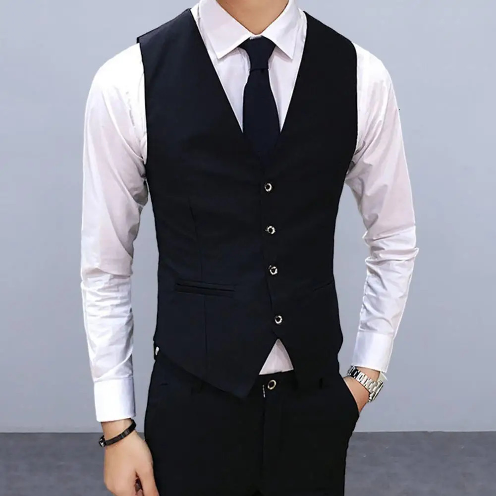 Men Suit Vest V Neck Sleeveless Solid Color Waistcoat Slim Fit Singlebreasted Cardigan Formal Business Coat Groom Wedding 241129